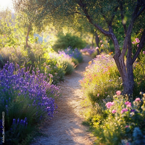 A peaceful garden path lined with blooming lavender and other wildflowers, with soft sunlight streaming through the trees