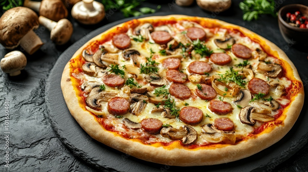 A delectable top view of a pizza topped with juicy Bavarian sausages, tender mushrooms, and rich cheese, artfully arranged on a dark stone background, perfect for culinary promotions. A delectable top view of a pizza topped with juicy Bavarian sausages, tender mushrooms, and rich cheese, artfully arranged on a dark stone background, perfect for culinary promotions.