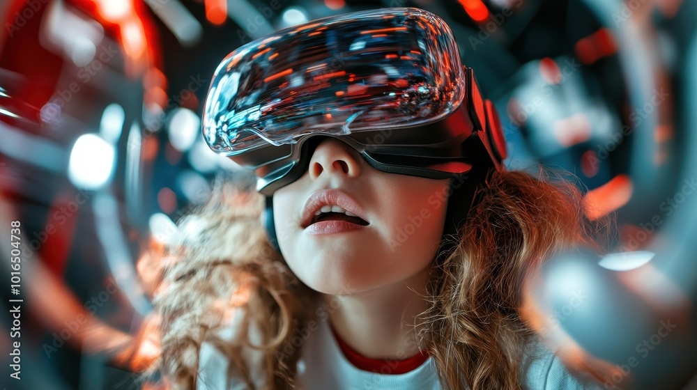 A young child wears a virtual reality headset, enraptured by the immersive digital environment, highlighting the fusion of curiosity and advanced technology. A young child wears a virtual reality headset, enraptured by the immersive digital environment, highlighting the fusion of curiosity and advanced technology.