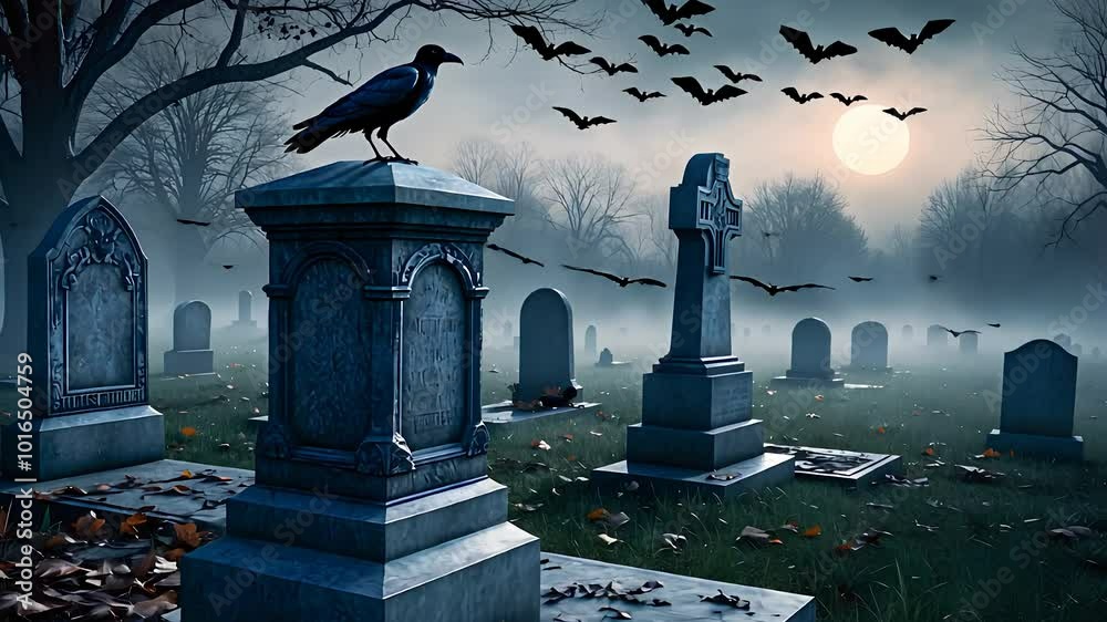 Spooky Graveyard at Night with Crow, Bats, and Full Moon
Spooky Graveyard at Night with Crow, Bats, and Full Moon