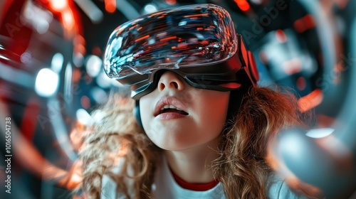 A young child wears a virtual reality headset, enraptured by the immersive digital environment, highlighting the fusion of curiosity and advanced technology.