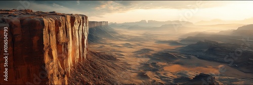 Majestic desert cliff rising above a hazy valley, showcasing the grandeur of arid landscapes and dramatic geological formations. photo