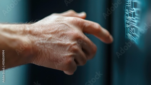 A close-up view of a person's hand reaching towards a sleek digital interface symbolizing human interaction with futuristic technology and touch screen innovations. photo