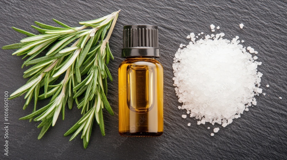 Ätherisches Rosmarinöl und Meersalz für Aromatherapie und Wellness Ätherisches Rosmarinöl und Meersalz für Aromatherapie und Wellness