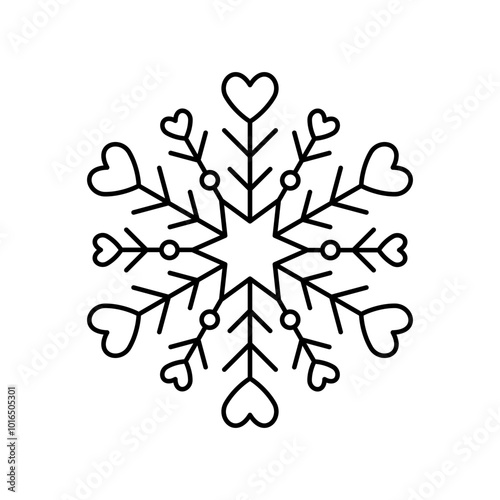 Snowflake with hearts love for snow design and pattern. Black line Christmas element isolated on white background. Snow flake icon. Ice crystal graphic. Vector illustration aesthetics