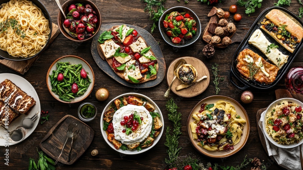A delightful overhead view of a table laden with various dishes, including pasta, roasted vegetables, and desserts, set against a rich dark wood background, perfect for culinary inspiration. A delightful overhead view of a table laden with various dishes, including pasta, roasted vegetables, and desserts, set against a rich dark wood background, perfect for culinary inspiration.