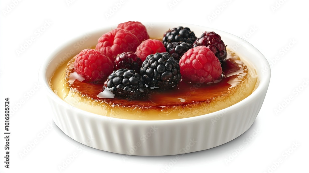 A delightful serving of creamy topped with an assortment of fresh berries, elegantly displayed against a white background. Perfect for enticing dessert visuals.