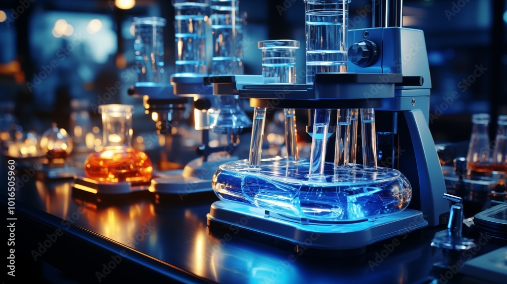 Science laboratory research and development concept. microscope with test tubes for testing. Science laboratory research and development concept. microscope with test tubes for testing.