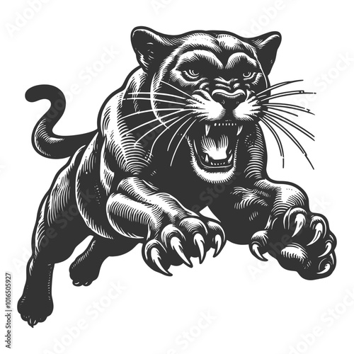 Jumping running panther, emphasizing its muscular build and agility. Tattoo design sketch engraving generative ai vector illustration. Scratch board imitation. Black and white image.