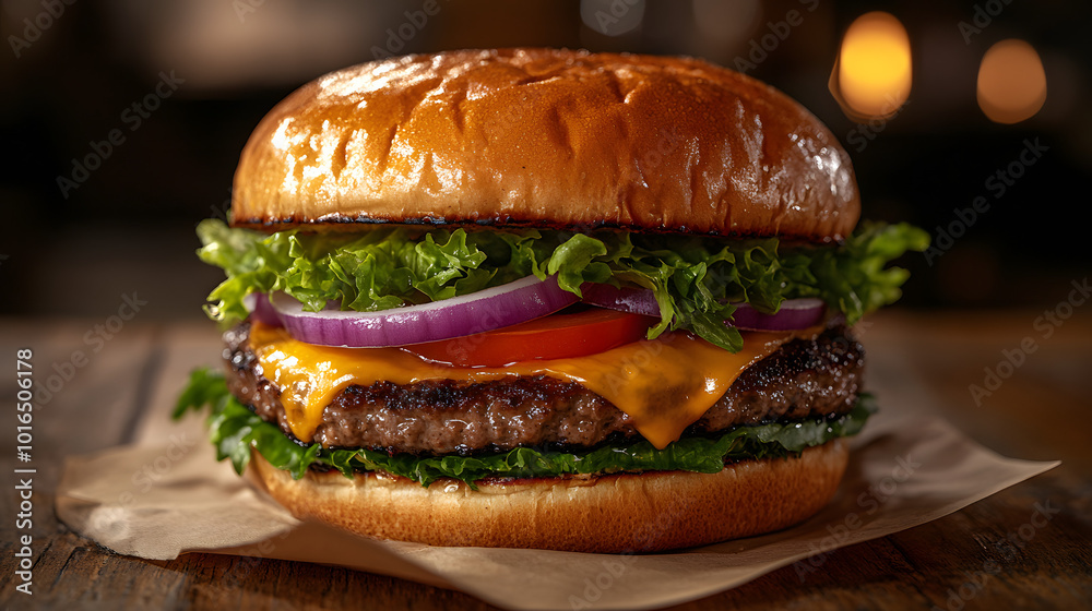 A cheeseburger with lettuce, tomato, and red onion on top of a toasted bun.
A cheeseburger with lettuce, tomato, and red onion on top of a toasted bun.