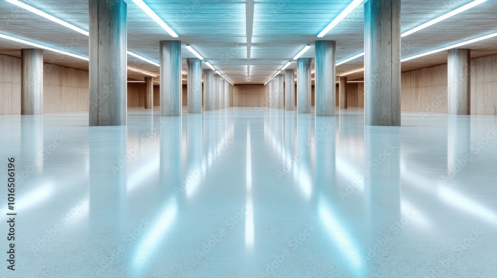 Fototapeta premium A contemporary space with endless rows of concrete columns and overhead lighting, presenting a futuristic and symmetrical design with a polished reflective floor.