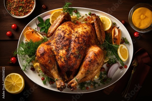 Freshly baked whole chicken dinner plate food. photo