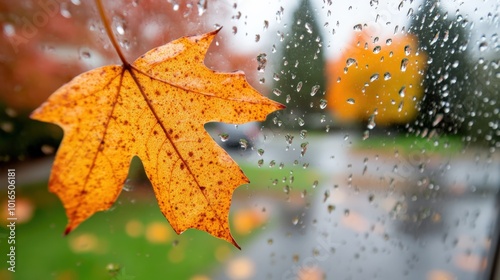 Regnerischer Herbstnachmittag mit leuchtendem Ahornblatt am Fenster als saisonale Inspiration photo