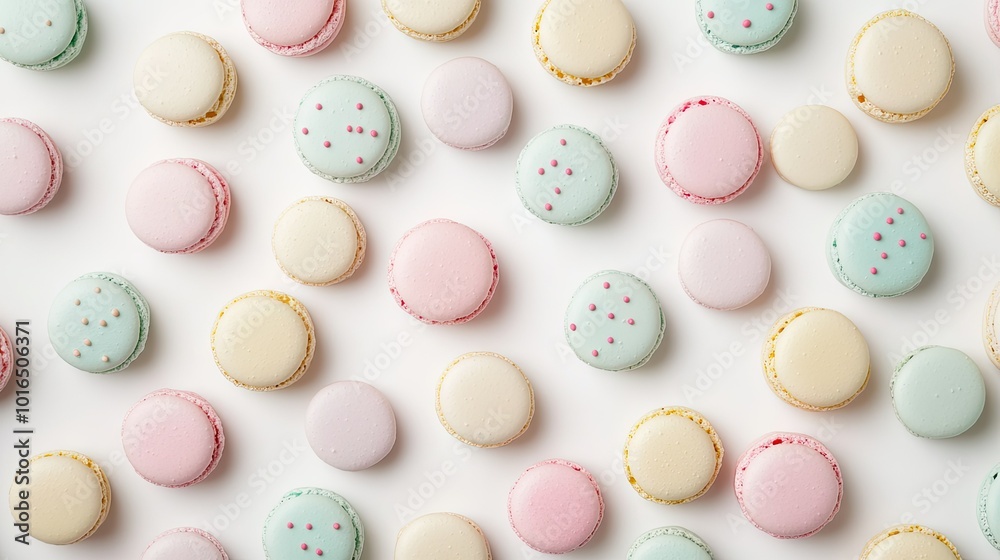 A flat lay of pastel-colored macarons scattered randomly across the frame, creating a playful pattern with negative space in between for copy or design elements. A flat lay of pastel-colored macarons scattered randomly across the frame, creating a playful pattern with negative space in between for copy or design elements.
