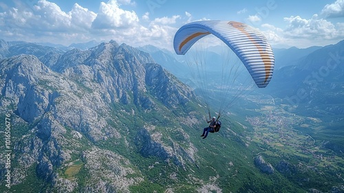 Paraglider soaring over green mountains with a clear blue sky