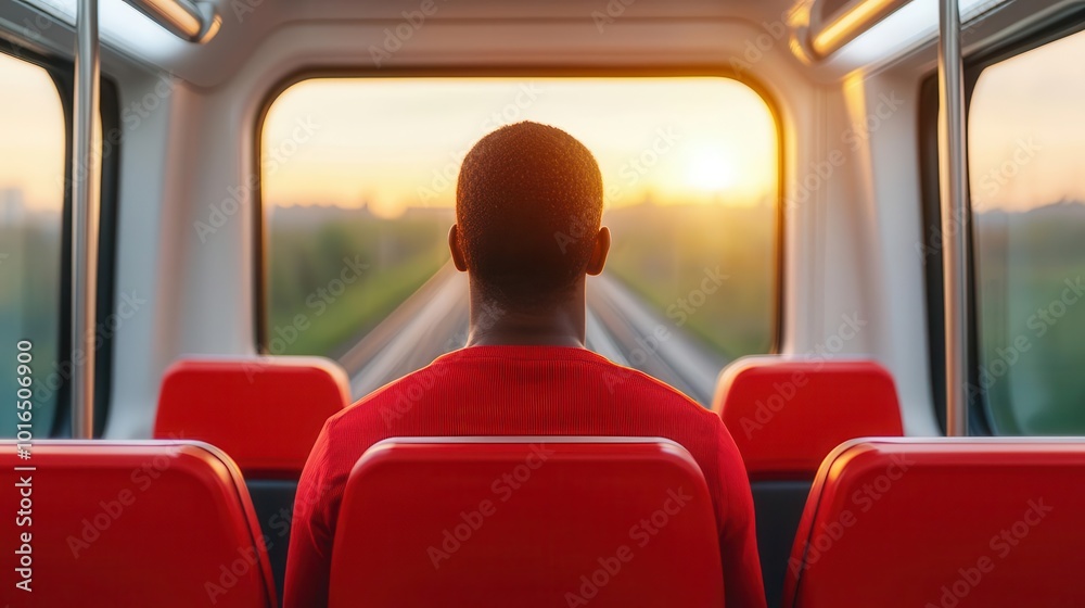 Fototapeta premium A passenger gazes out of a train window, overlooking a scenic sunset as the train approaches its destination.