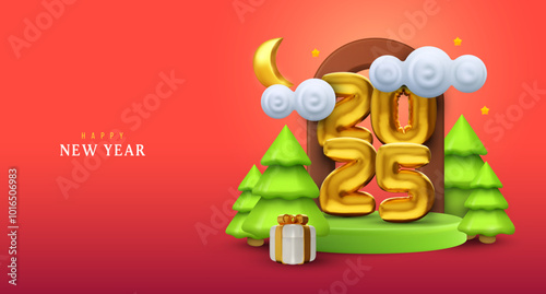 Happy new year 2025 holiday composition. Festive concept art for background banner, card, flyer in realistic 3d style. Celebration vector illustration.