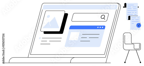 Open laptop with search engine page and image thumbnail, adjacent documents with checkmarks and an office chair. Ideal for remote work, office setup, productivity, web design, technology use