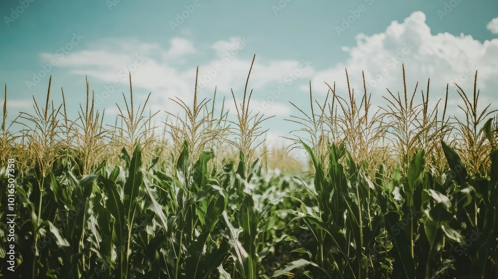 Fototapeta premium A picturesque cornfield on a bright summer day, with rows of tall green plants reaching up to the sky.