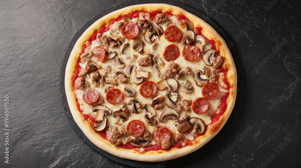 A mouthwatering top view of a classic pizza topped with Bavarian sausages, fresh mushrooms, and gooey cheese, elegantly displayed on a sleek black stone background for a gourmet look. A mouthwatering top view of a classic pizza topped with Bavarian sausages, fresh mushrooms, and gooey cheese, elegantly displayed on a sleek black stone background for a gourmet look.