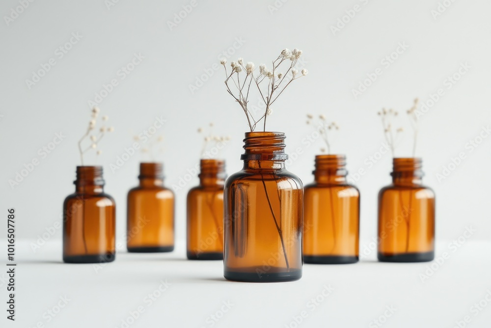 A group of brown glass bottles filled with small flowers, great for decoration or as a symbol of gratitude. A group of brown glass bottles filled with small flowers, great for decoration or as a symbol of gratitude.