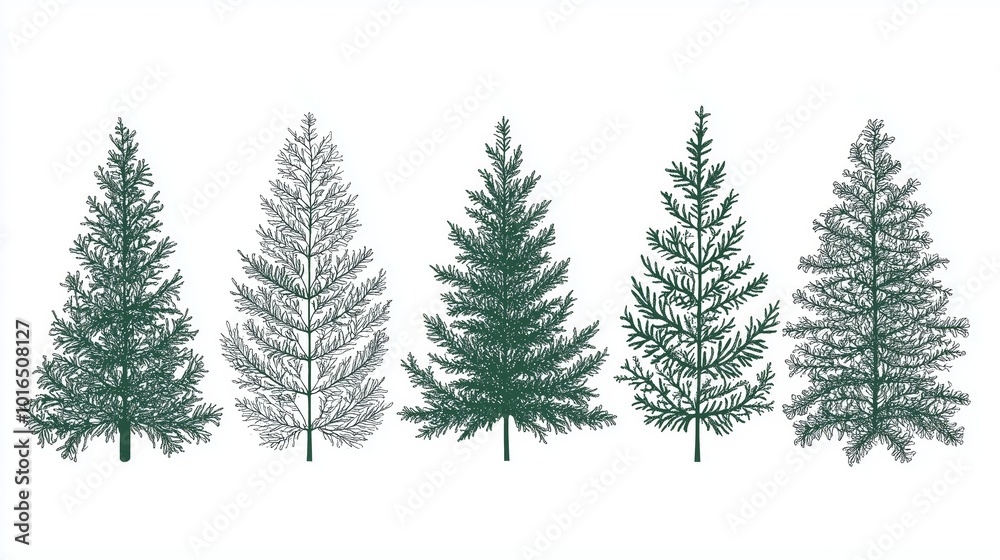 Detailed pine tree illustrations in sketch style Detailed pine tree illustrations in sketch style
