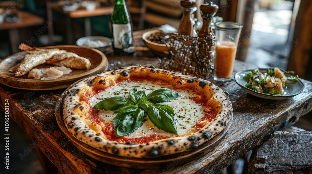 A rustic wooden table set with a delicious Italian pizza, fresh basil leaves, and a side of crispy fish, creating a warm and inviting atmosphere for a meal. A rustic wooden table set with a delicious Italian pizza, fresh basil leaves, and a side of crispy fish, creating a warm and inviting atmosphere for a meal.