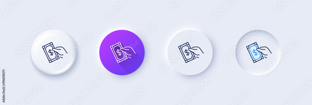Payment line icon. Neumorphic, Purple gradient, 3d pin buttons. Dollar exchange sign. Finance symbol. Line icons. Neumorphic buttons with outline signs. Vector Payment line icon. Neumorphic, Purple gradient, 3d pin buttons. Dollar exchange sign. Finance symbol. Line icons. Neumorphic buttons with outline signs. Vector