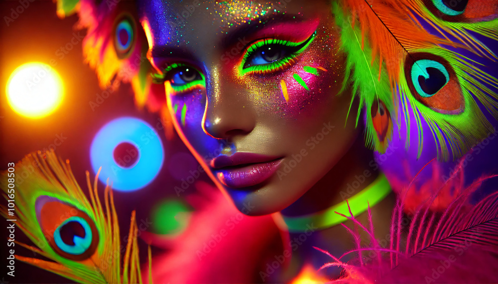 Fototapeta premium Closeup face of woman with neon make-up and feathery dress