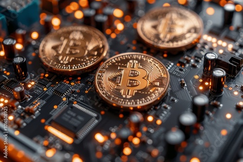 Bitcoin cryptocurrency coins on a computer circuit board the future of digital currency