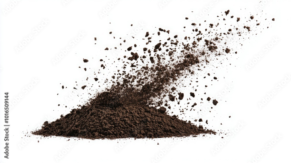 A pile of dirt scattering in mid-air, isolated on a white background, creating a dynamic motion effect A pile of dirt scattering in mid-air, isolated on a white background, creating a dynamic motion effect