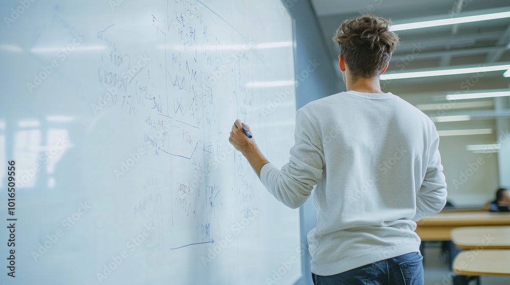 Guy Solving Math Problem Back view of high school student solving math problem on whiteboard in ...