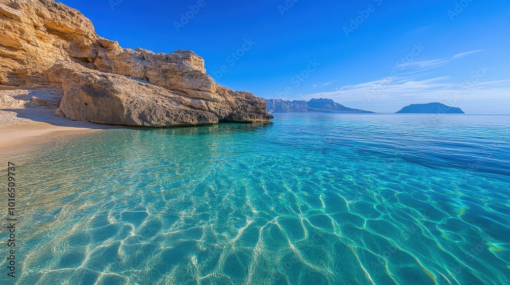 Fototapeta premium Serene view of a crystal-clear lagoon nestled among jagged cliffs, untouched paradise