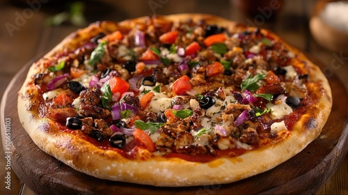 A vibrant, freshly baked pizza with a variety of toppings, captured in a rustic setting, allowing for creative use of copy space for enticing marketing or menu ideas.