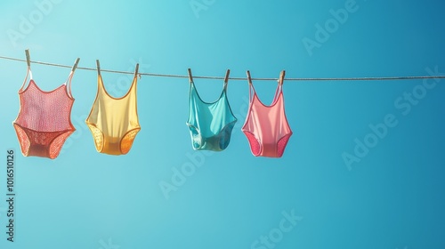Colorful swimsuits hanging on a clothesline against a clear blue sky