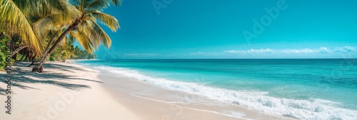 Tropical Paradise Escape, pristine white sands, swaying palm trees, vibrant blue sky, serene beach atmosphere, ideal for relaxation and adventure photo