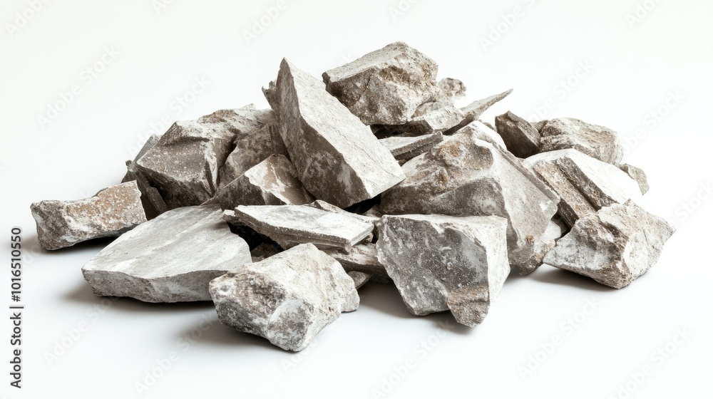 A random heap of broken concrete fragments laid on a white background, perfect for illustrating construction themes
