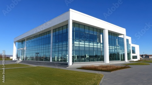 Moderne Unternehmenszentrale unter strahlend blauem Himmel für geschäftliches und architektonisches Design