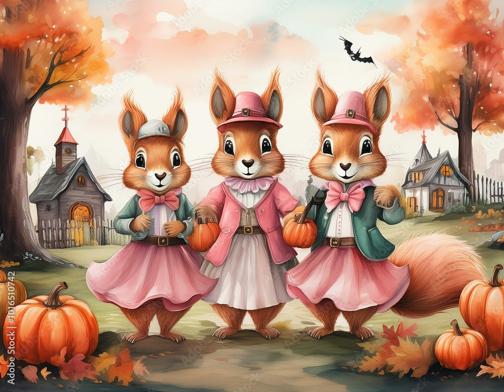 Fototapeta premium trick or treat squirrels with costumes, Pastel Watercolor, Pink Dresses, autumn, halloween celebration, 