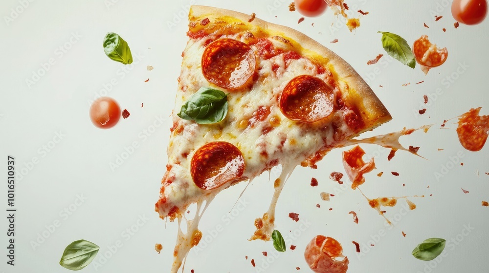 A whimsical portrayal of a slice of pepperoni pizza falling from above, highlighting its fresh ingredients and melted cheese, set against a bright white backdrop, ideal for lively food imagery.