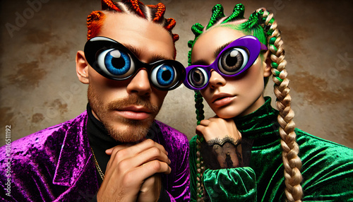 Funky couple wearing glasses with comical big eyes photo