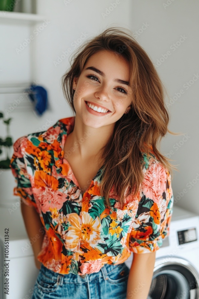 A young adult stands beside a household appliance, ready for laundry day. A young adult stands beside a household appliance, ready for laundry day.