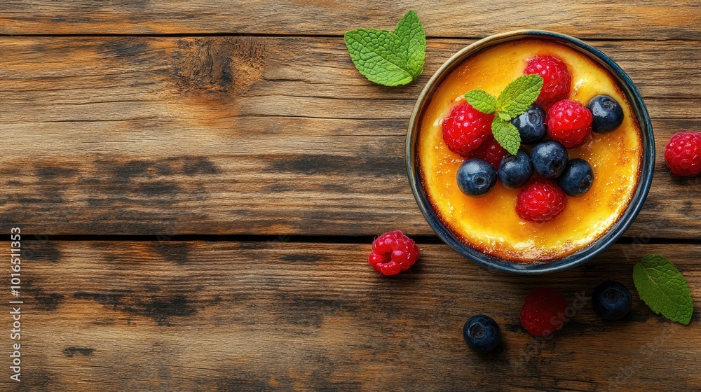 Aerial view of a charming bowl of cr garnished with vibrant berries and mint leaves, placed on a wooden table. Ample text space for dessert advertising. Aerial view of a charming bowl of cr garnished with vibrant berries and mint leaves, placed on a wooden table. Ample text space for dessert advertising.