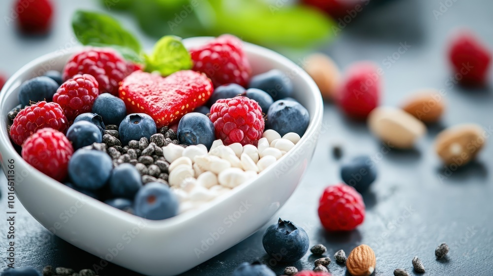 A heart-shaped bowl brimming with fresh berries, chia seeds, almonds, and yogurt-covered treats, offering a vibrant and wholesome meal with a touch of love.