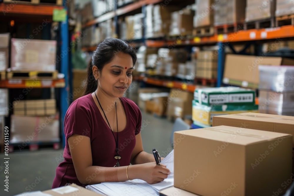 Indian woman works at desk in warehouse. Focuses on documents, possibly preparing shipping records. Around, various items like cardboard boxes, crates stored. Busy, active environment of shipping Indian woman works at desk in warehouse. Focuses on documents, possibly preparing shipping records. Around, various items like cardboard boxes, crates stored. Busy, active environment of shipping