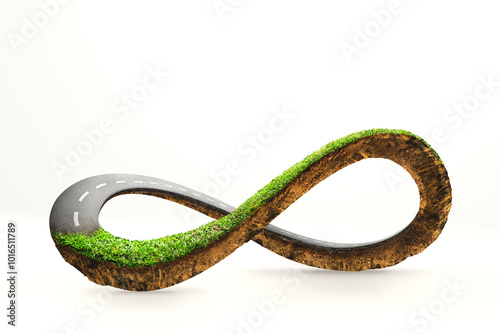 Infinity symbol road in adventure route concept. Earth land with asphalt driveway isolated on studio background. 3d illustration of infinity road or never ending road design advertisement.