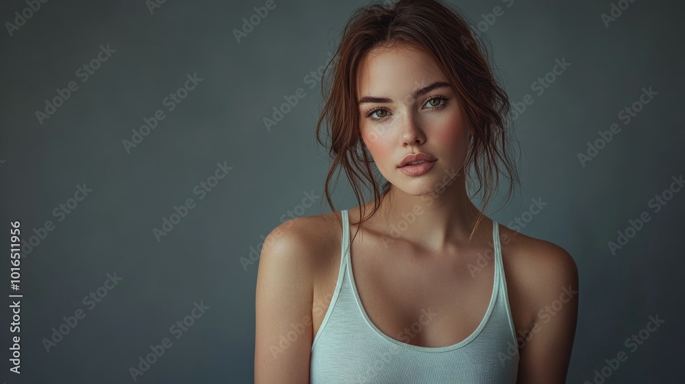 Beautiful brunette in white t-shirt doing breast self-examination Breast Cancer female breast, support, prevention, mammography, screening, oncology, cancer treatment. Beautiful brunette in white t-shirt doing breast self-examination Breast Cancer female breast, support, prevention, mammography, screening, oncology, cancer treatment.