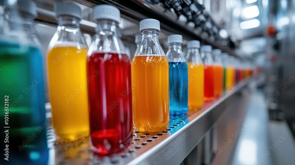 In a modern factory, assorted vibrant beverage bottles are filled and processed on a conveyor line, showcasing the efficiency of large-scale drink operations. In a modern factory, assorted vibrant beverage bottles are filled and processed on a conveyor line, showcasing the efficiency of large-scale drink operations.