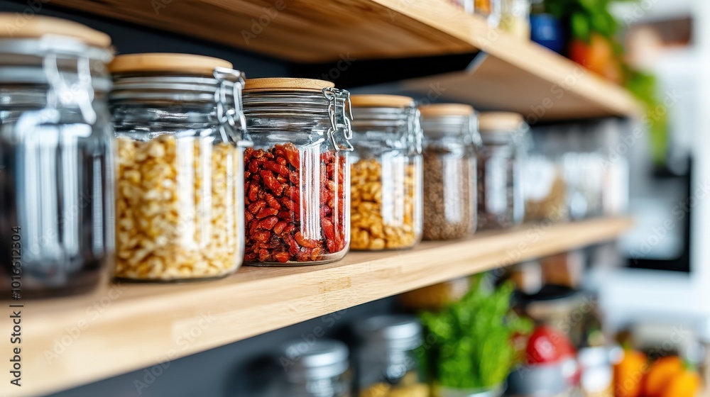 A variety of colorful jars line a wooden kitchen shelf, showcasing spice diversity and creating a warm and inviting culinary atmosphere. A variety of colorful jars line a wooden kitchen shelf, showcasing spice diversity and creating a warm and inviting culinary atmosphere.