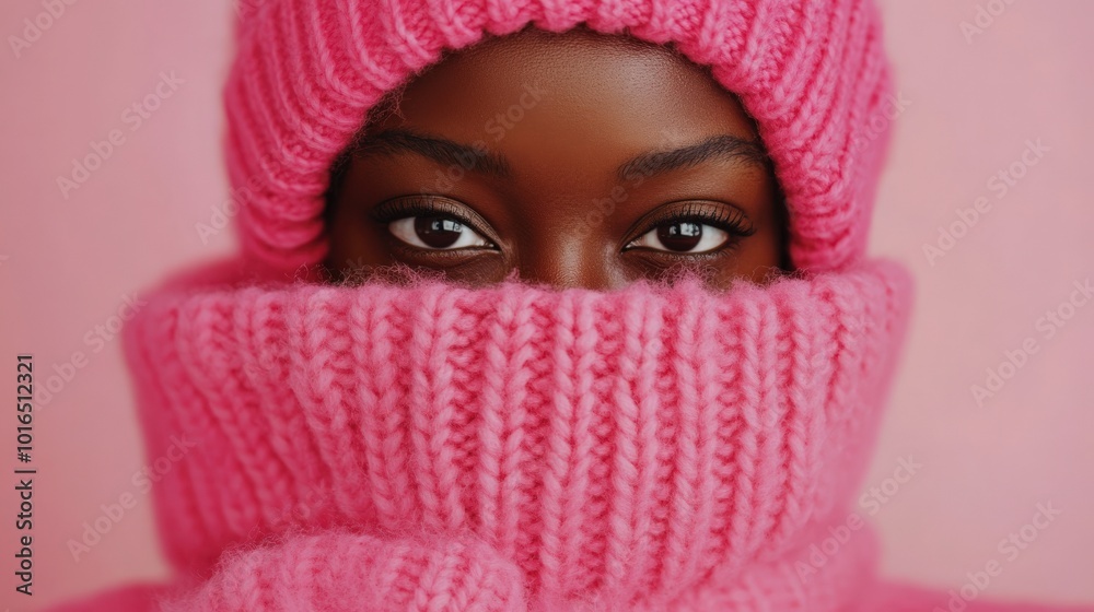 Gemütliche Wintermode: Frau in rosa Strickpullover und Mütze Gemütliche Wintermode: Frau in rosa Strickpullover und Mütze
